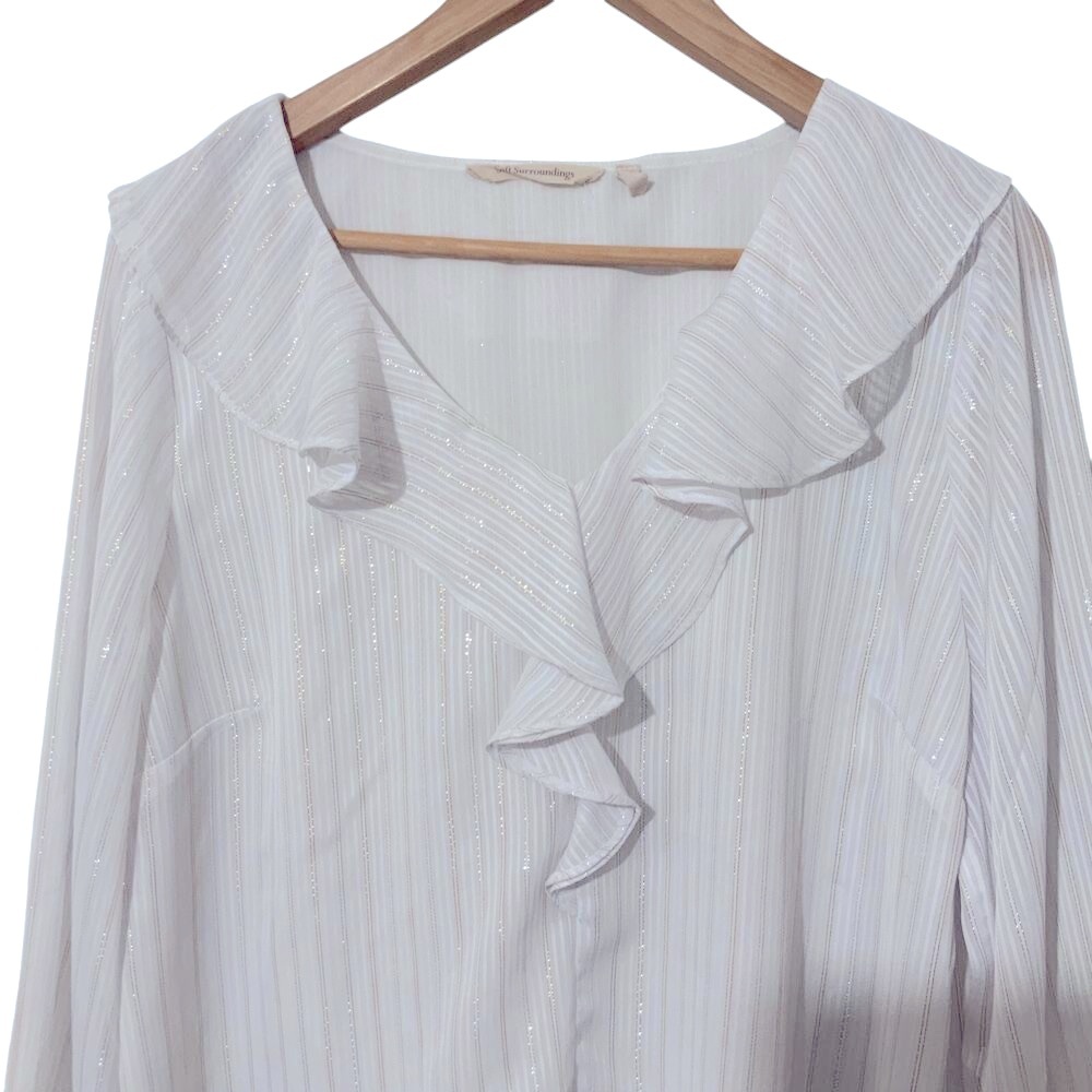 Soft Surroundings White Ruffled V-Neck Long-Sleeve Blouse - Picture 6 of 13
